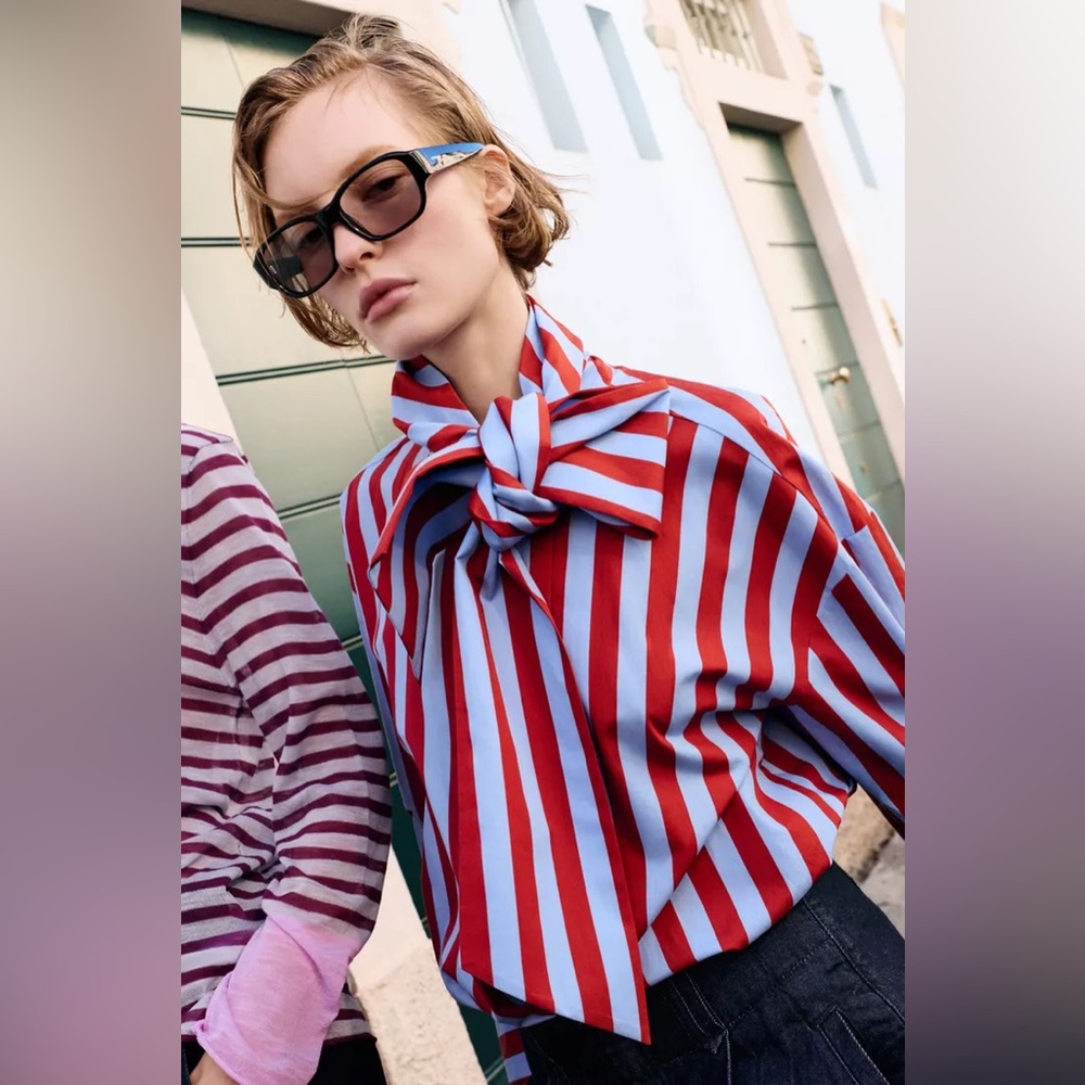ZARA BOW NECK STRIPED SHIRT - Picture 9 of 16